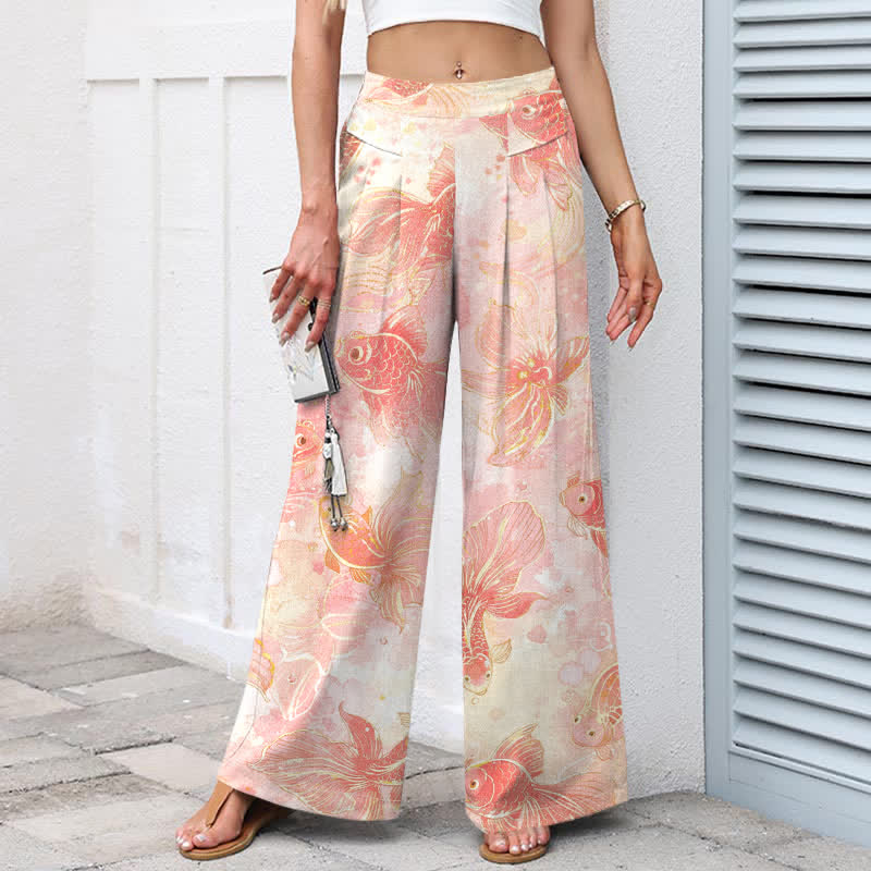 Buddha Stones Cotton Linen Koi Fish Floral Pattern Women's Elastic Waist Wide Leg Pants With Pockets - image 1
