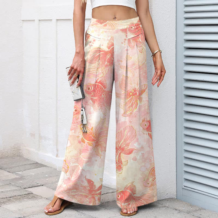 Buddha Stones Cotton Linen Koi Fish Floral Pattern Women's Elastic Waist Wide Leg Pants With Pockets - image 1