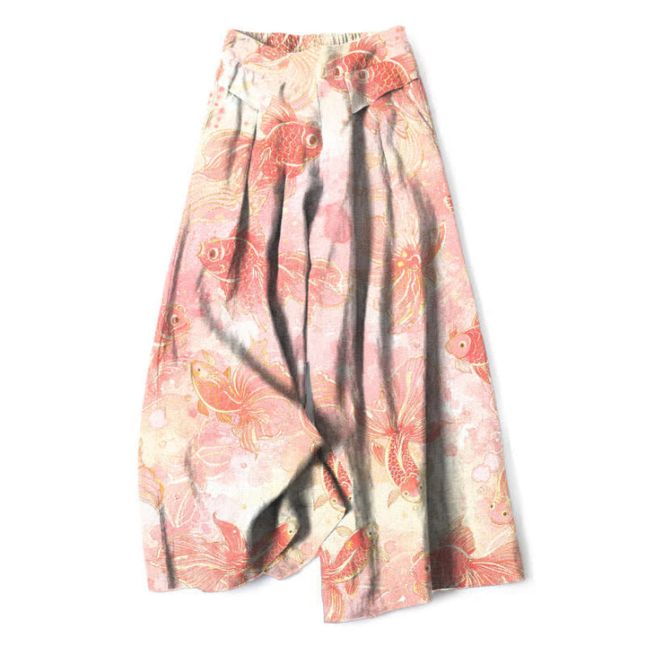 Buddha Stones Cotton Linen Koi Fish Floral Pattern Women's Elastic Waist Wide Leg Pants With Pockets - LightPink - US16，UK/AU20，EU48 (3XL) - image 0
