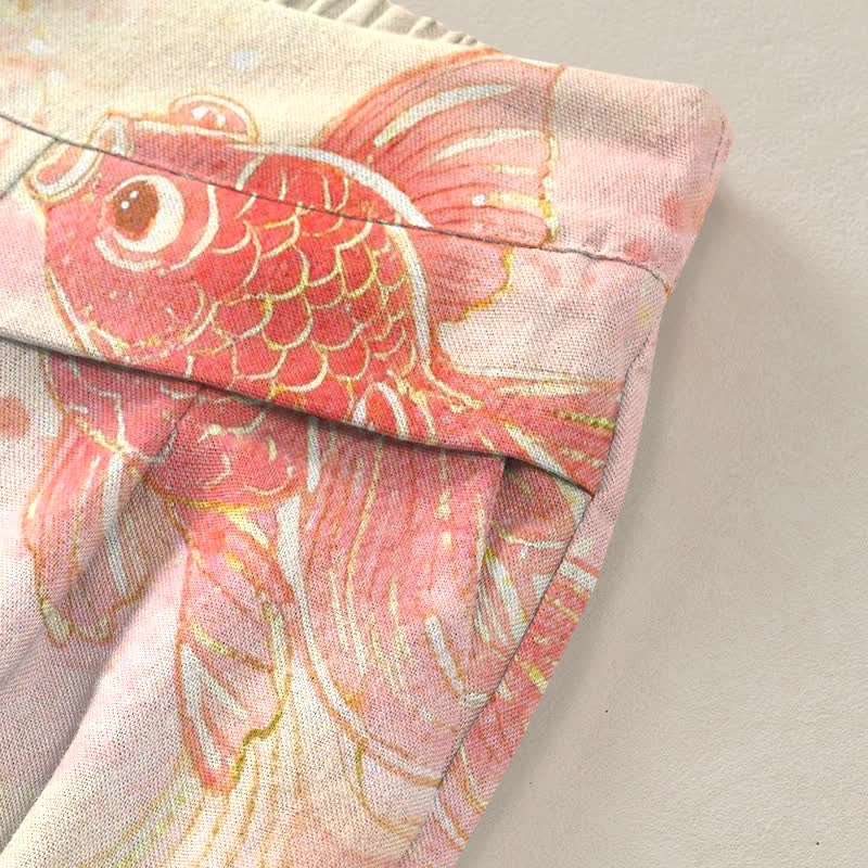 Buddha Stones Cotton Linen Koi Fish Floral Pattern Women's Elastic Waist Wide Leg Pants With Pockets - image 2