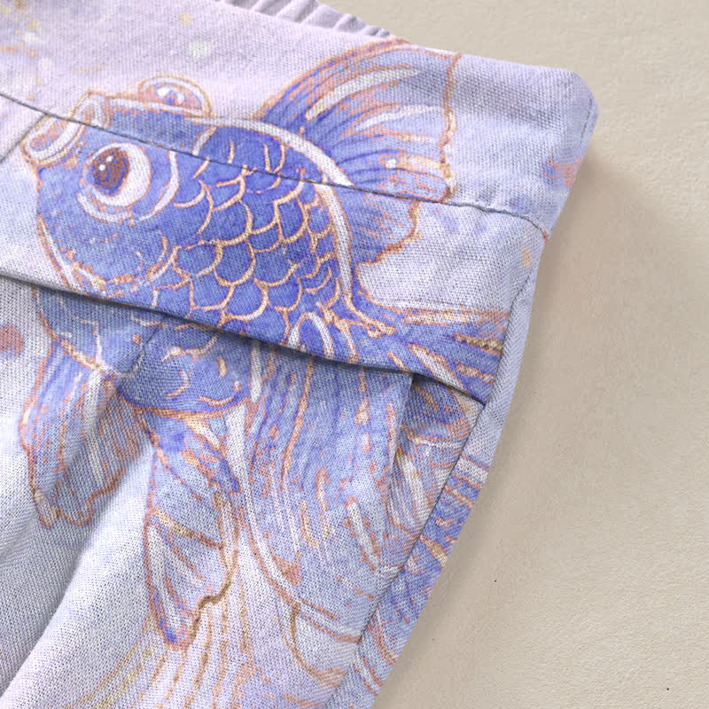 Buddha Stones Cotton Linen Koi Fish Floral Pattern Women's Elastic Waist Wide Leg Pants With Pockets - image 6