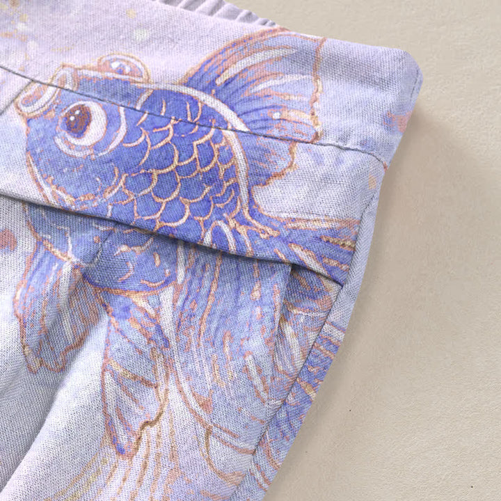 Buddha Stones Cotton Linen Koi Fish Floral Pattern Women's Elastic Waist Wide Leg Pants With Pockets - image 6