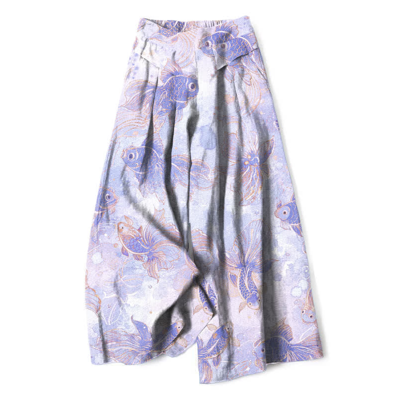 Buddha Stones Cotton Linen Koi Fish Floral Pattern Women's Elastic Waist Wide Leg Pants With Pockets - Lavender - US16，UK/AU20，EU48 (3XL) - image 4