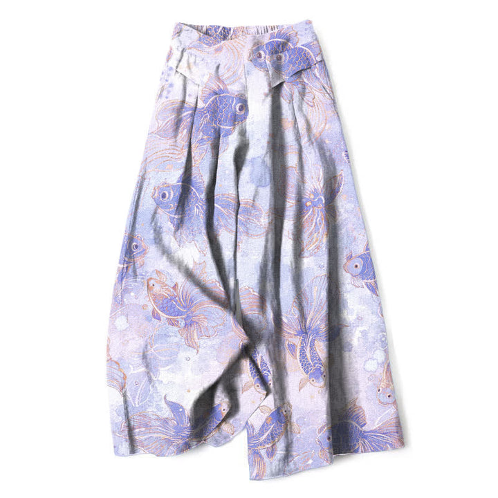 Buddha Stones Cotton Linen Koi Fish Floral Pattern Women's Elastic Waist Wide Leg Pants With Pockets - Lavender - US16，UK/AU20，EU48 (3XL) - image 4