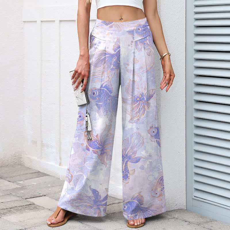 Buddha Stones Cotton Linen Koi Fish Floral Pattern Women's Elastic Waist Wide Leg Pants With Pockets - image 5