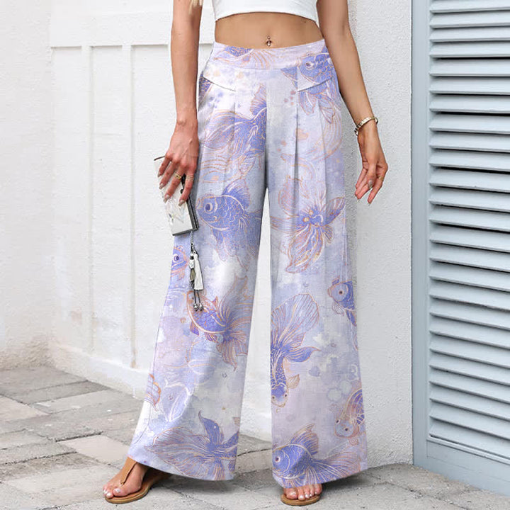 Buddha Stones Cotton Linen Koi Fish Floral Pattern Women's Elastic Waist Wide Leg Pants With Pockets - image 5