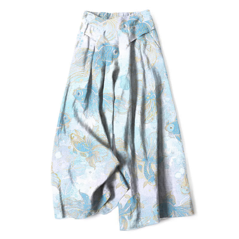Buddha Stones Cotton Linen Koi Fish Floral Pattern Women's Elastic Waist Wide Leg Pants With Pockets - PaleTurquoise - US16，UK/AU20，EU48 (3XL) - image 8