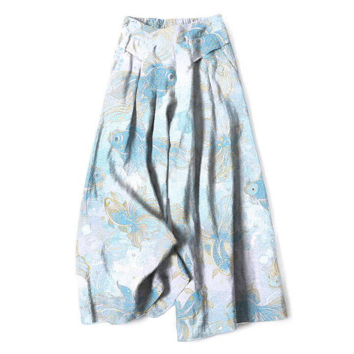 Buddha Stones Cotton Linen Koi Fish Floral Pattern Women's Elastic Waist Wide Leg Pants With Pockets - PaleTurquoise - US16，UK/AU20，EU48 (3XL) - image 8