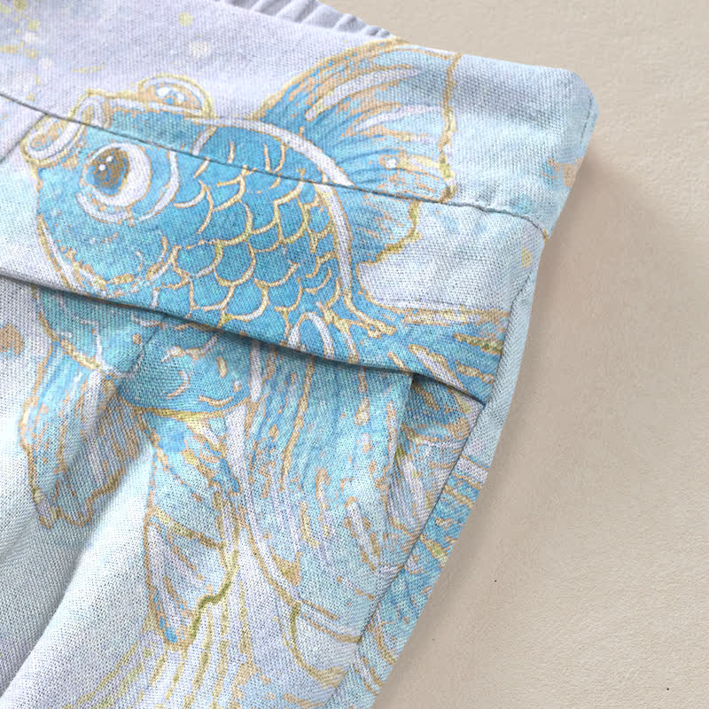 Buddha Stones Cotton Linen Koi Fish Floral Pattern Women's Elastic Waist Wide Leg Pants With Pockets - image 10