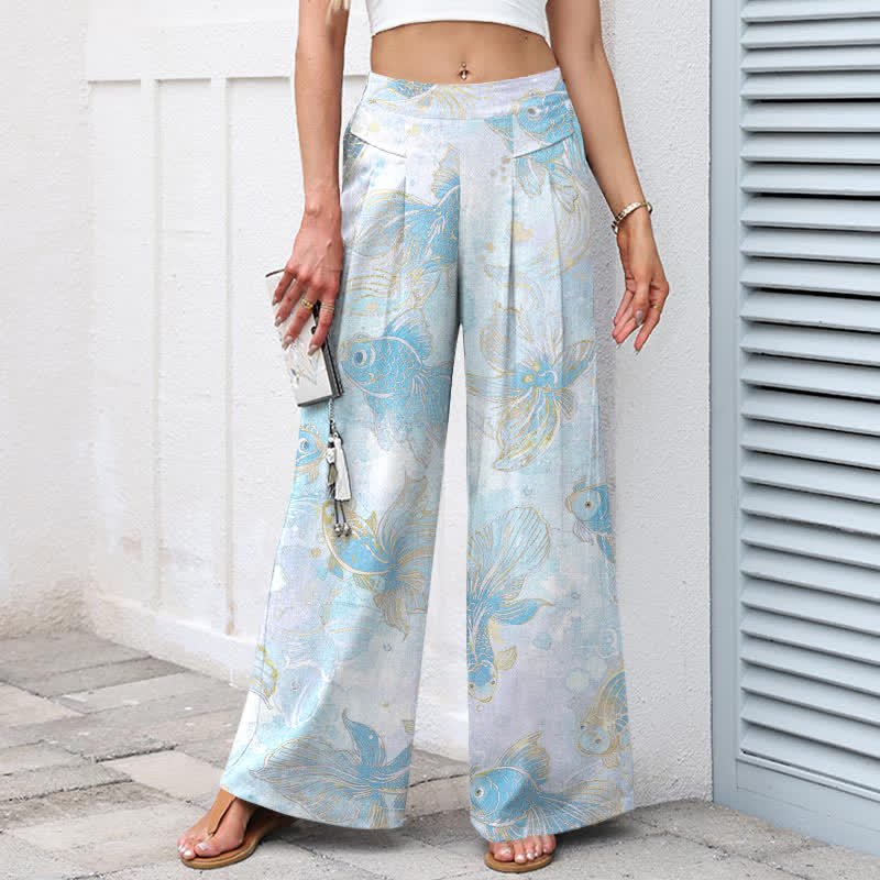 Buddha Stones Cotton Linen Koi Fish Floral Pattern Women's Elastic Waist Wide Leg Pants With Pockets - image 9