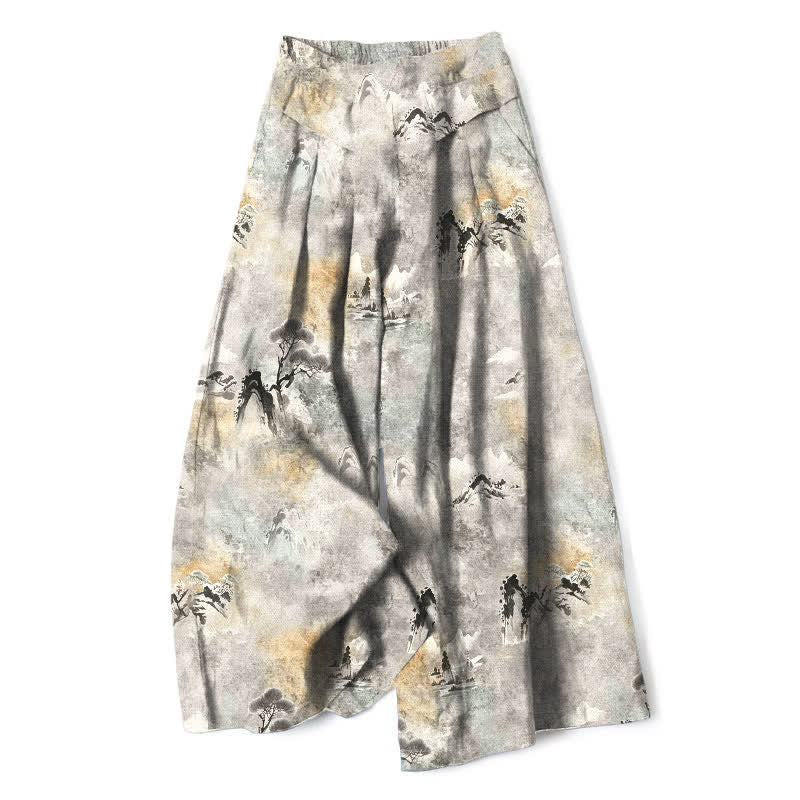 Buddha Stones Cotton Linen Ink Wash Pattern Women's Elastic Waist Wide Leg Pants With Pockets - LightGrey - US16，UK/AU20，EU48 (3XL) - image 0