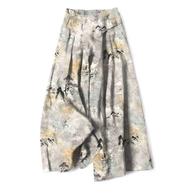 Buddha Stones Cotton Linen Ink Wash Pattern Women's Elastic Waist Wide Leg Pants With Pockets - LightGrey - US16，UK/AU20，EU48 (3XL) - image 0