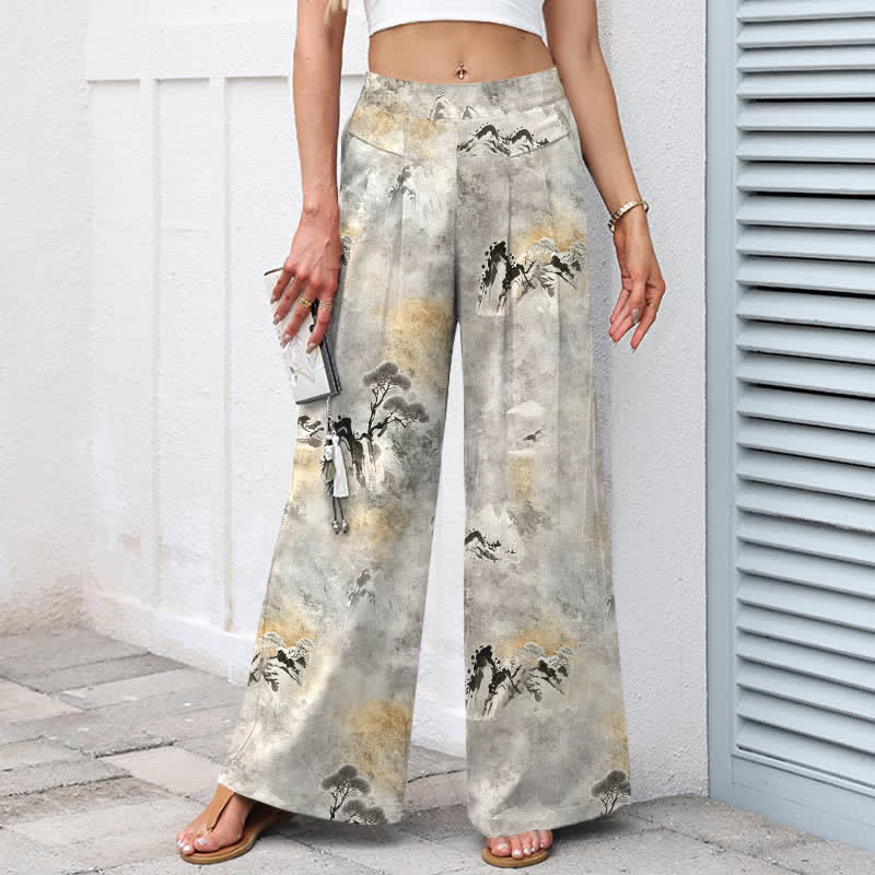 Buddha Stones Cotton Linen Ink Wash Pattern Women's Elastic Waist Wide Leg Pants With Pockets - image 1
