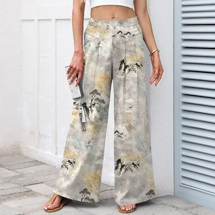Buddha Stones Cotton Linen Ink Wash Pattern Women's Elastic Waist Wide Leg Pants With Pockets - image 1