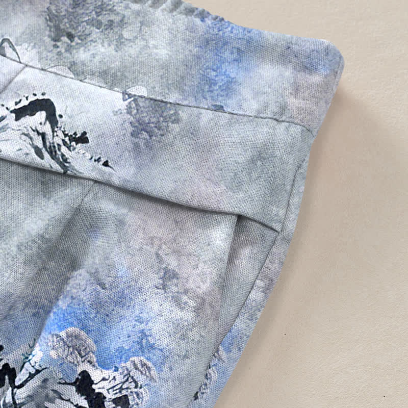 Buddha Stones Cotton Linen Ink Wash Pattern Women's Elastic Waist Wide Leg Pants With Pockets - image 6