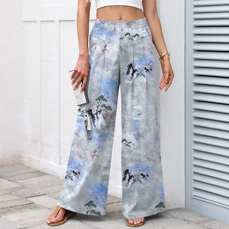 Buddha Stones Cotton Linen Ink Wash Pattern Women's Elastic Waist Wide Leg Pants With Pockets - image 5