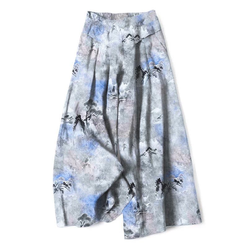 Buddha Stones Cotton Linen Ink Wash Pattern Women's Elastic Waist Wide Leg Pants With Pockets - LightSteelBlue - US16，UK/AU20，EU48 (3XL) - image 4