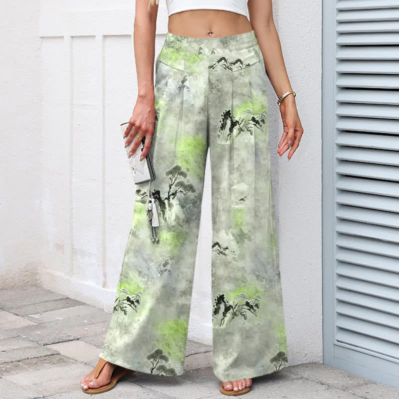Buddha Stones Cotton Linen Ink Wash Pattern Women's Elastic Waist Wide Leg Pants With Pockets - image 9