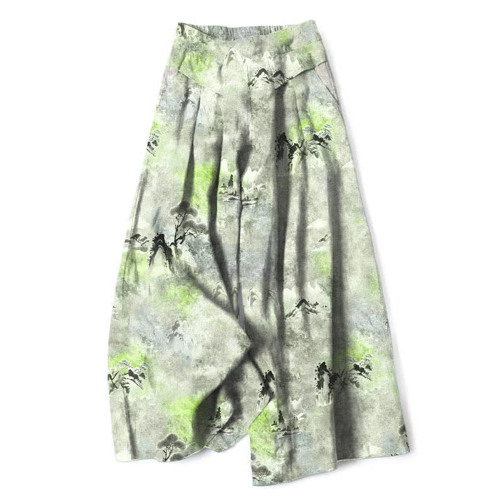Buddha Stones Cotton Linen Ink Wash Pattern Women's Elastic Waist Wide Leg Pants With Pockets - LightGreen - US16，UK/AU20，EU48 (3XL) - image 8