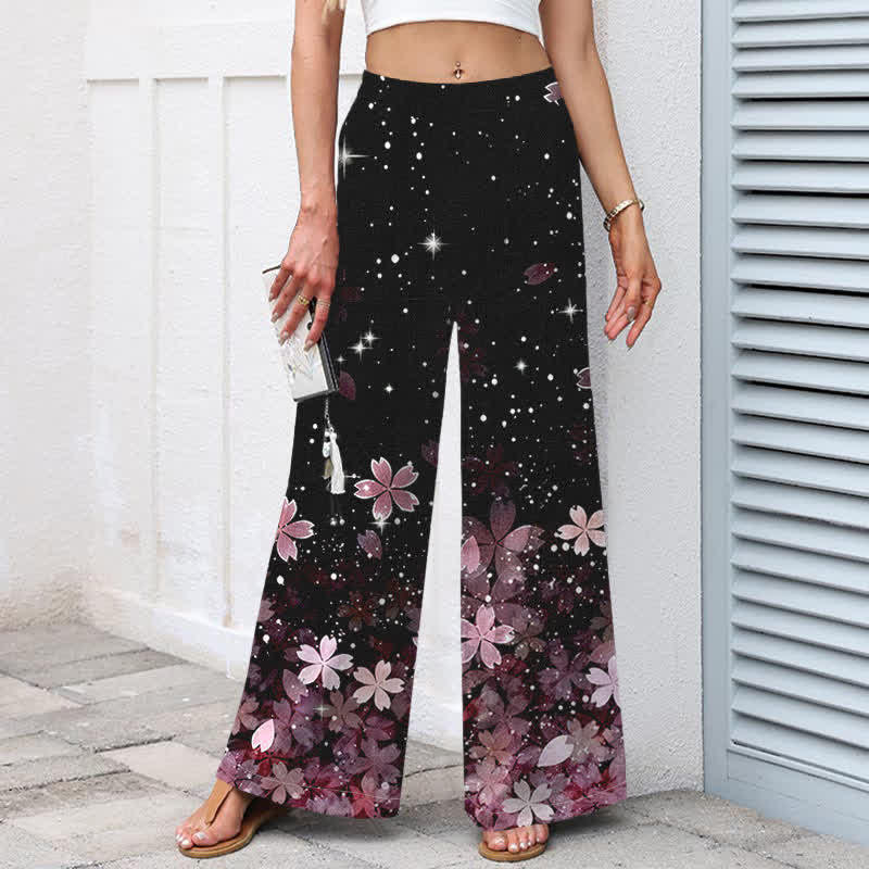 Buddha Stones Cotton Linen Black Sakura Pattern Women's Elastic Waist Wide Leg Pants With Pockets - image 1