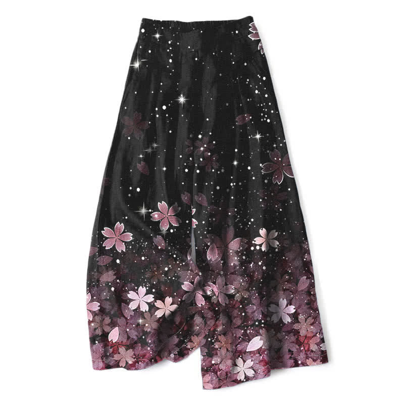 Buddha Stones Cotton Linen Black Sakura Pattern Women's Elastic Waist Wide Leg Pants With Pockets - Pink - US16，UK/AU20，EU48 (3XL) - image 0
