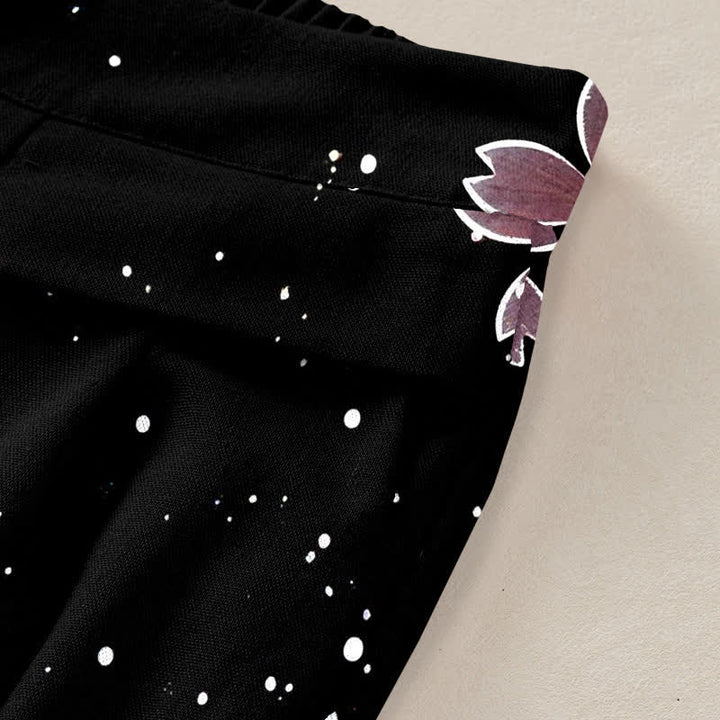 Buddha Stones Cotton Linen Black Sakura Pattern Women's Elastic Waist Wide Leg Pants With Pockets - image 2