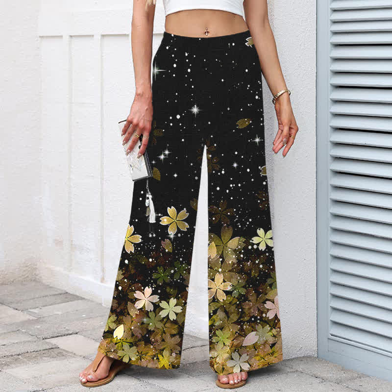 Buddha Stones Cotton Linen Black Sakura Pattern Women's Elastic Waist Wide Leg Pants With Pockets - image 5