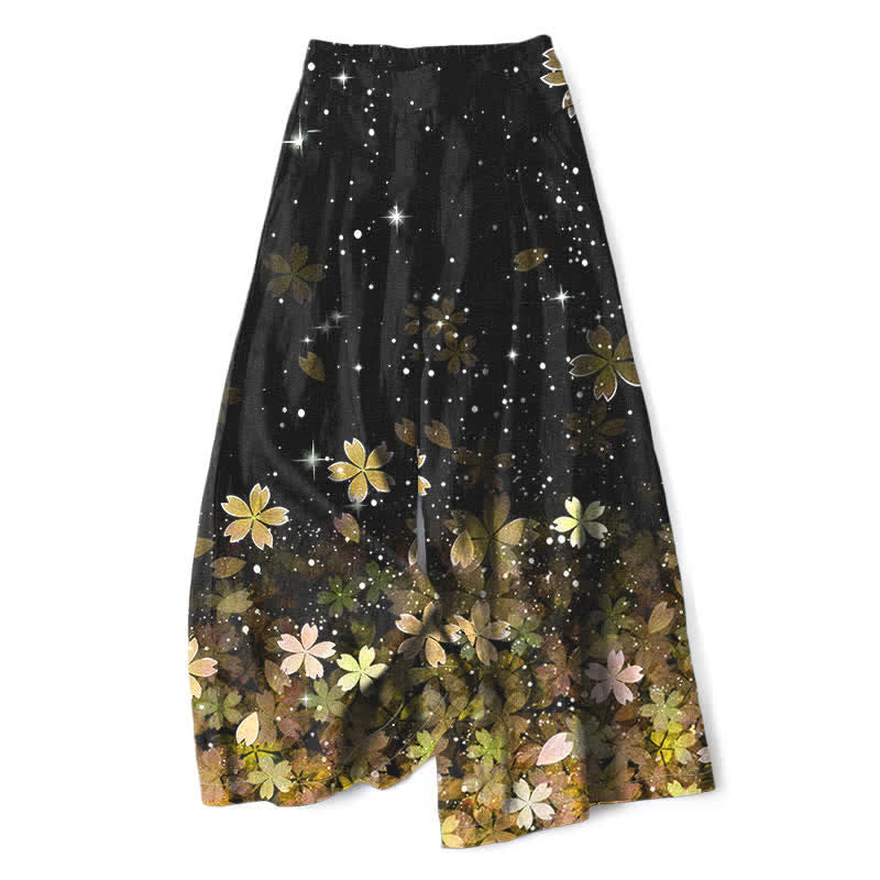 Buddha Stones Cotton Linen Black Sakura Pattern Women's Elastic Waist Wide Leg Pants With Pockets - Yellow - US16，UK/AU20，EU48 (3XL) - image 4