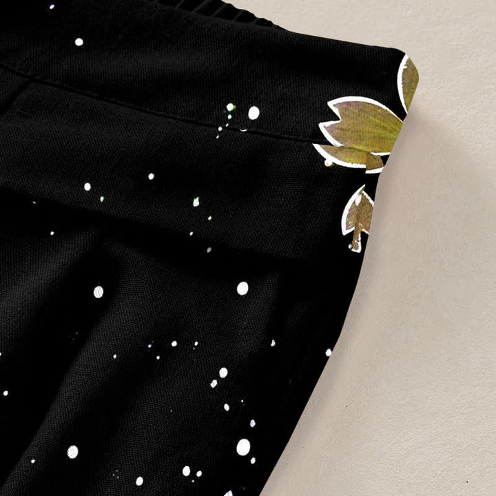 Buddha Stones Cotton Linen Black Sakura Pattern Women's Elastic Waist Wide Leg Pants With Pockets - image 6