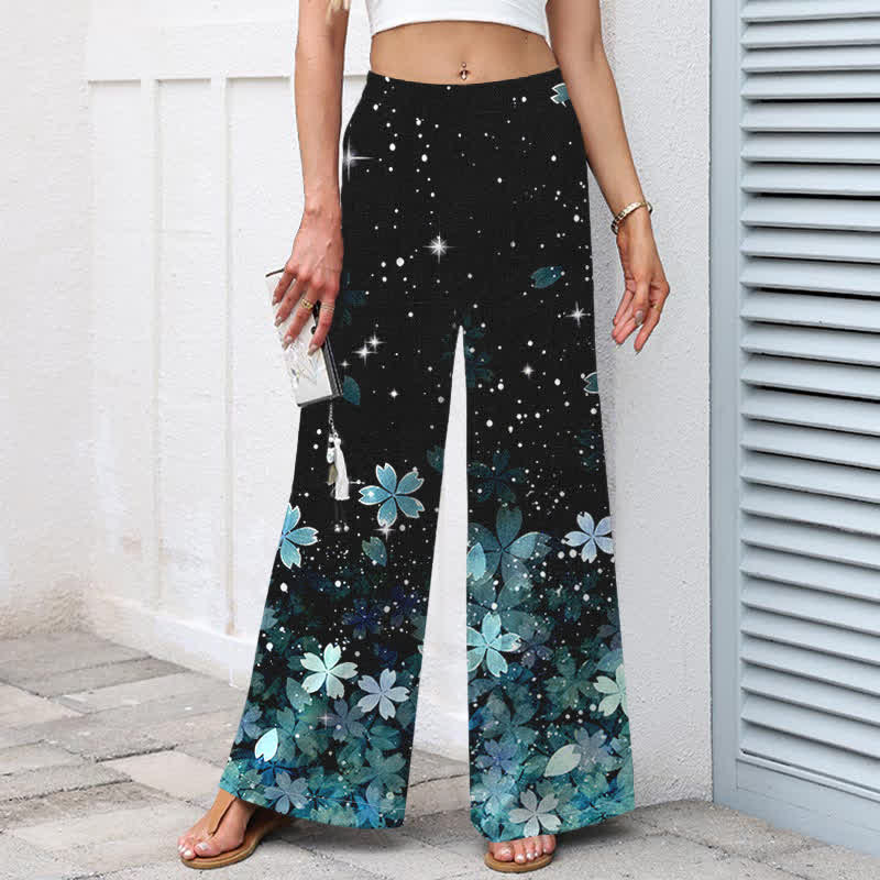 Buddha Stones Cotton Linen Black Sakura Pattern Women's Elastic Waist Wide Leg Pants With Pockets - image 9