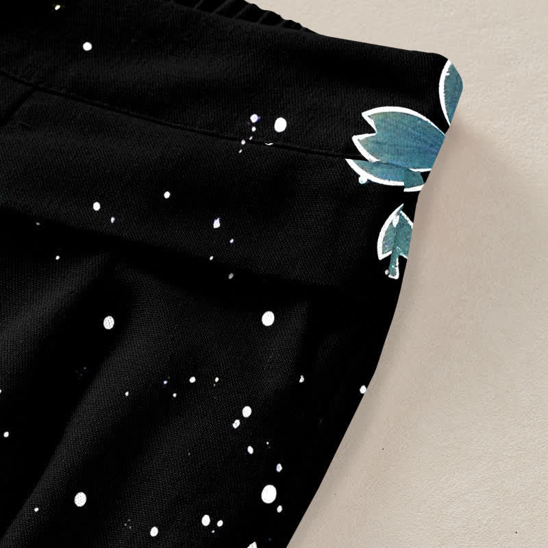 Buddha Stones Cotton Linen Black Sakura Pattern Women's Elastic Waist Wide Leg Pants With Pockets - image 10