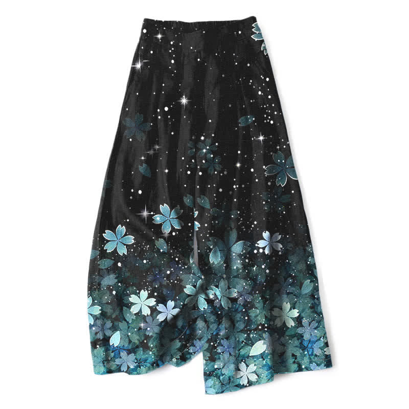 Buddha Stones Cotton Linen Black Sakura Pattern Women's Elastic Waist Wide Leg Pants With Pockets - SkyBlue - US16，UK/AU20，EU48 (3XL) - image 8
