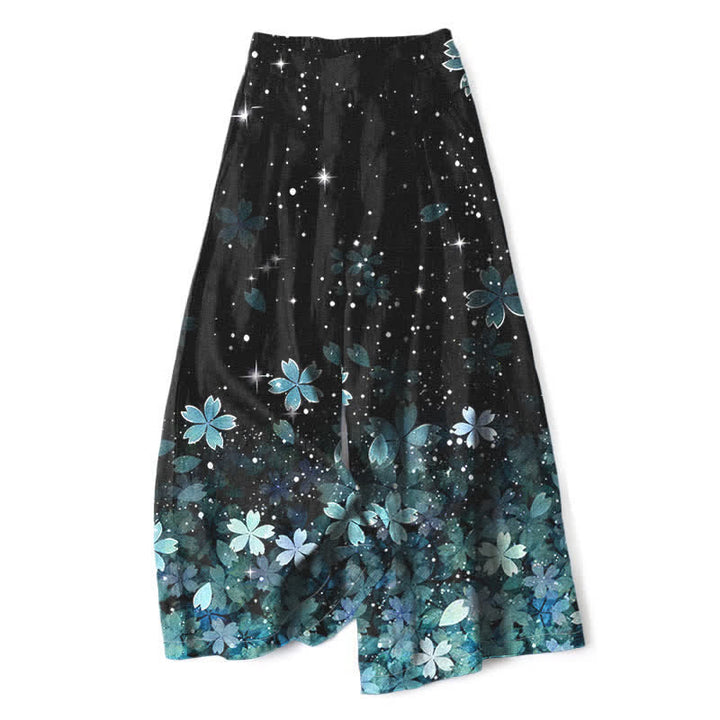 Buddha Stones Cotton Linen Black Sakura Pattern Women's Elastic Waist Wide Leg Pants With Pockets - SkyBlue - US16，UK/AU20，EU48 (3XL) - image 8