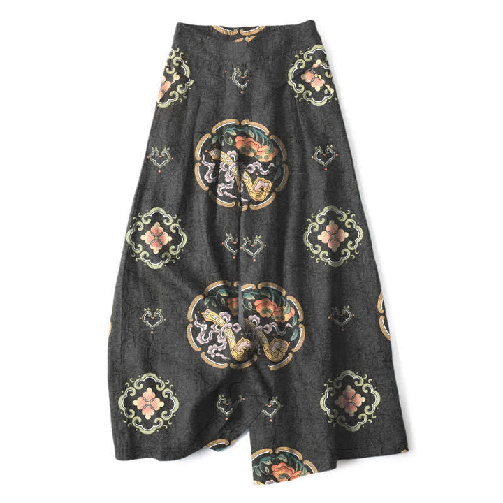 Buddha Stones Cotton Linen Bohemian Medallion Pattern Women's Elastic Waist Wide Leg Pants With Pockets - Black - US16，UK/AU20，EU48 (3XL) - image 0