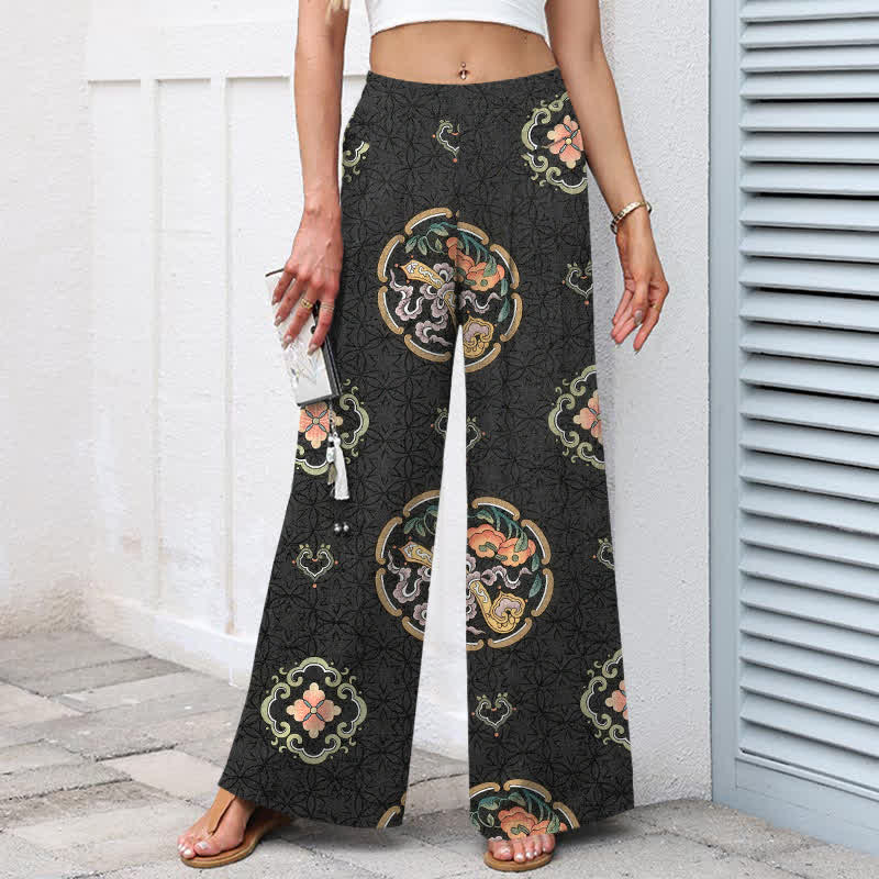 Buddha Stones Cotton Linen Bohemian Medallion Pattern Women's Elastic Waist Wide Leg Pants With Pockets - image 1