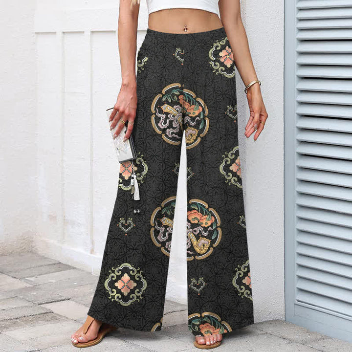 Buddha Stones Cotton Linen Bohemian Medallion Pattern Women's Elastic Waist Wide Leg Pants With Pockets - image 1