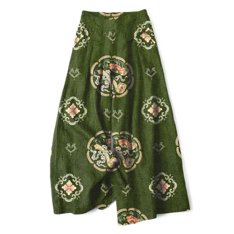 Buddha Stones Cotton Linen Bohemian Medallion Pattern Women's Elastic Waist Wide Leg Pants With Pockets - DarkOliveGreen - US16，UK/AU20，EU48 (3XL) - image 8