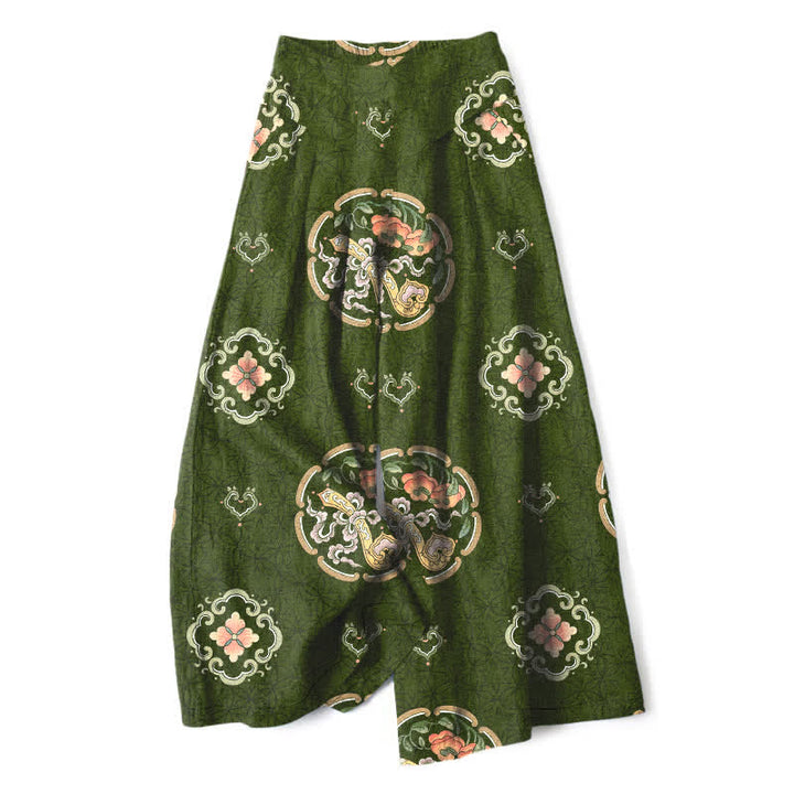 Buddha Stones Cotton Linen Bohemian Medallion Pattern Women's Elastic Waist Wide Leg Pants With Pockets - DarkOliveGreen - US16，UK/AU20，EU48 (3XL) - image 8