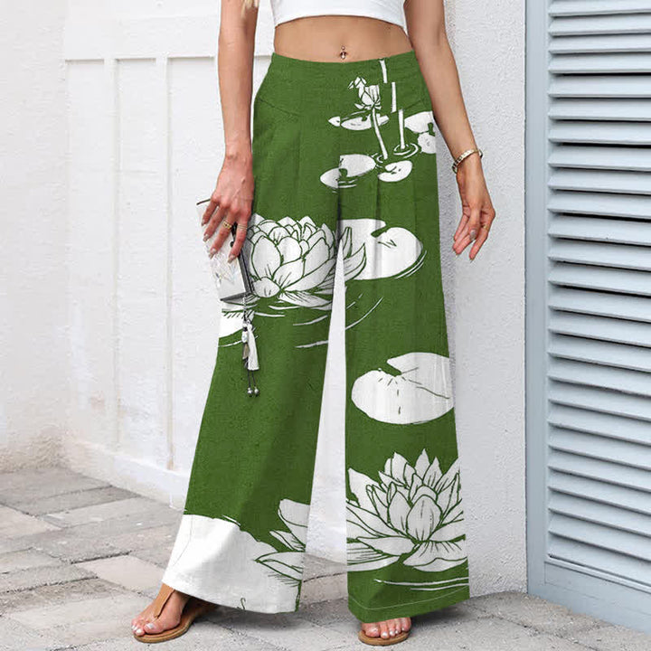 Buddha Stones Cotton Linen Lotus Leaf Pattern Women's Elastic Waist Wide Leg Pants With Pockets - image 1