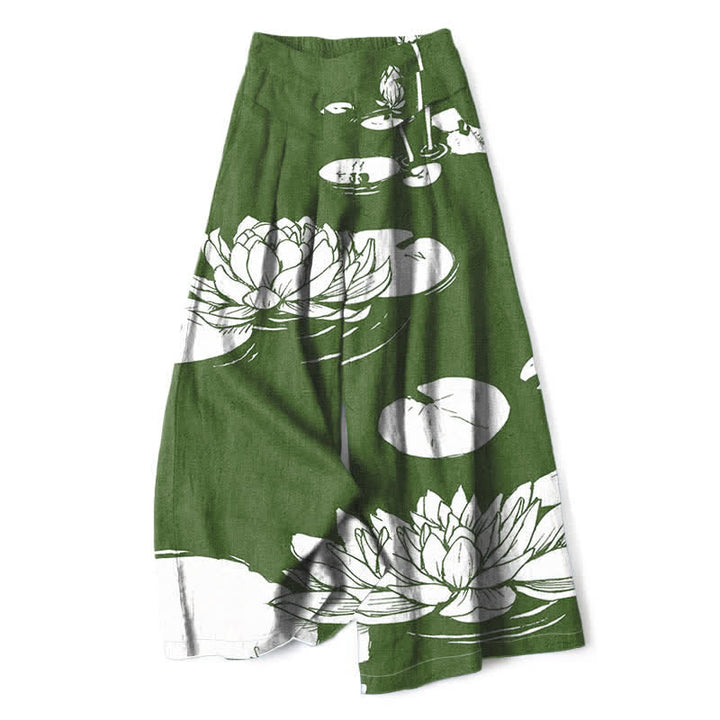 Buddha Stones Cotton Linen Lotus Leaf Pattern Women's Elastic Waist Wide Leg Pants With Pockets - ForestGreen - US16，UK/AU20，EU48 (3XL) - image 0