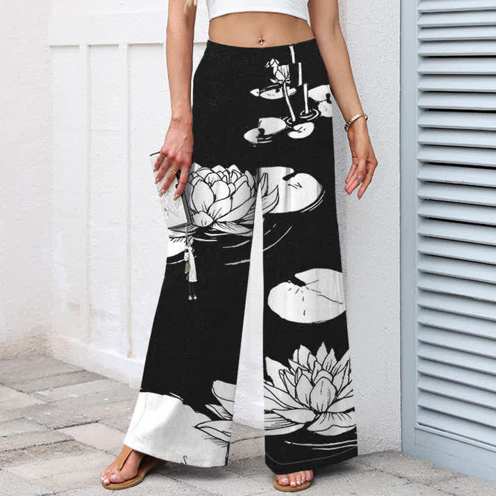 Buddha Stones Cotton Linen Lotus Leaf Pattern Women's Elastic Waist Wide Leg Pants With Pockets - image 5