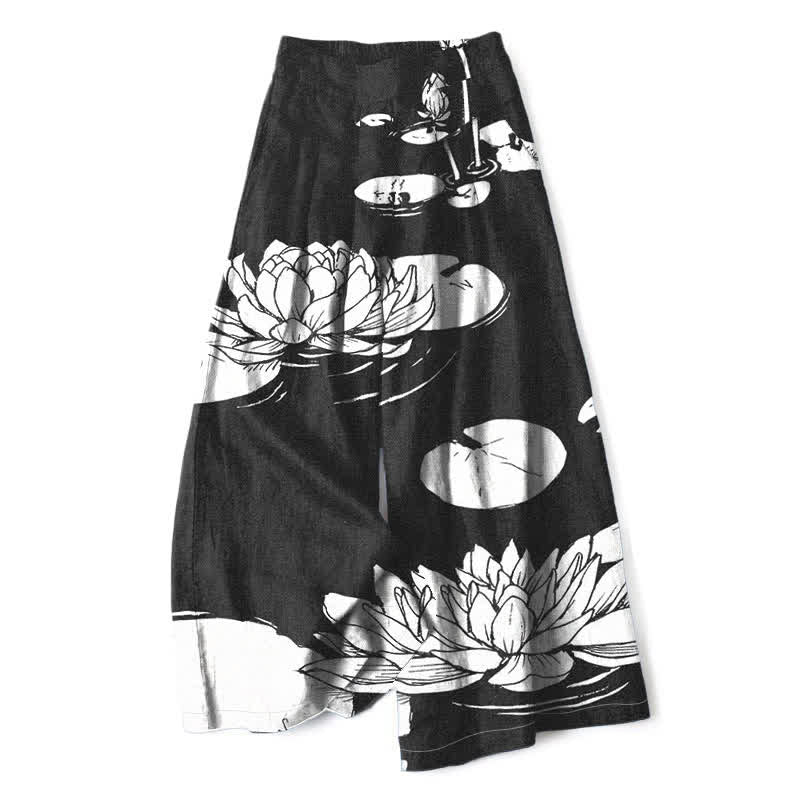 Buddha Stones Cotton Linen Lotus Leaf Pattern Women's Elastic Waist Wide Leg Pants With Pockets - Black - US16，UK/AU20，EU48 (3XL) - image 4