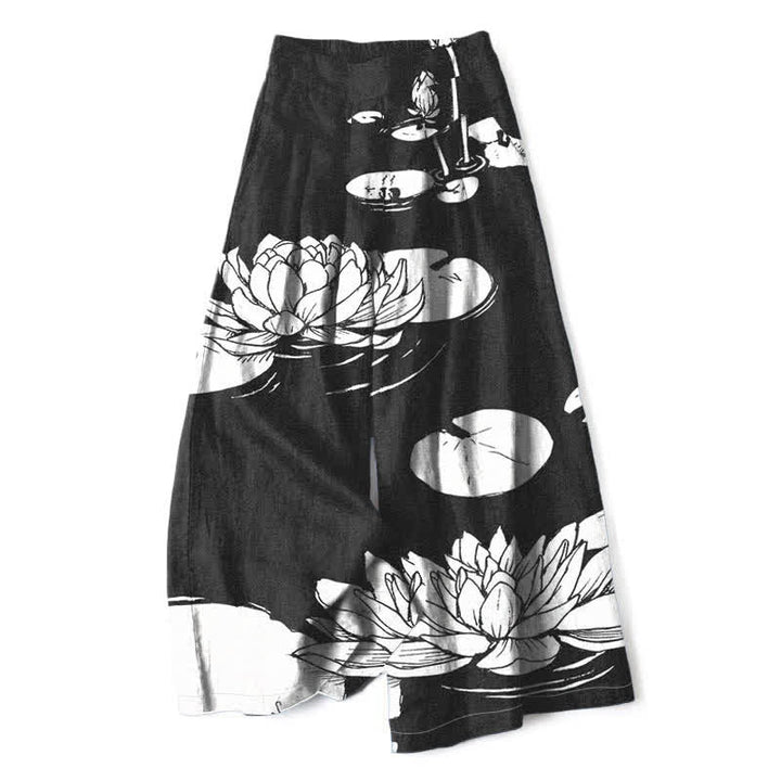 Buddha Stones Cotton Linen Lotus Leaf Pattern Women's Elastic Waist Wide Leg Pants With Pockets - Black - US16，UK/AU20，EU48 (3XL) - image 4