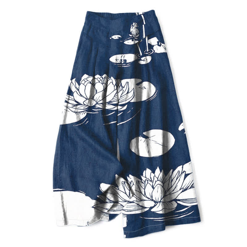 Buddha Stones Cotton Linen Lotus Leaf Pattern Women's Elastic Waist Wide Leg Pants With Pockets - Navy - US16，UK/AU20，EU48 (3XL) - image 8