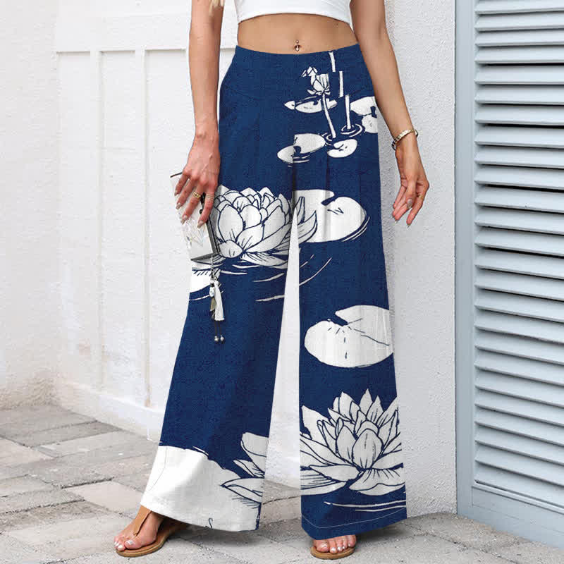 Buddha Stones Cotton Linen Lotus Leaf Pattern Women's Elastic Waist Wide Leg Pants With Pockets - image 9