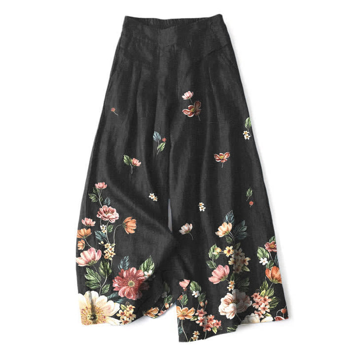 Buddha Stones Cotton Linen Bohemian Floral Pattern Women's Elastic Waist Wide Leg Pants With Pockets - Black - US16，UK/AU20，EU48 (3XL) - image 0