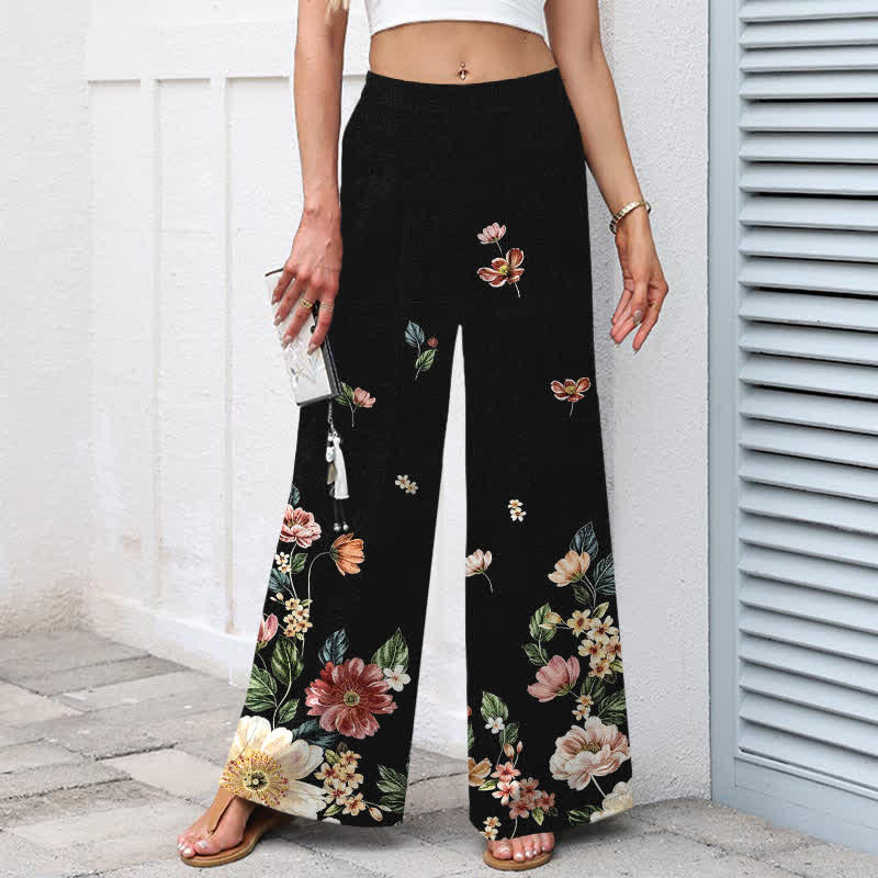 Buddha Stones Cotton Linen Bohemian Floral Pattern Women's Elastic Waist Wide Leg Pants With Pockets - image 1