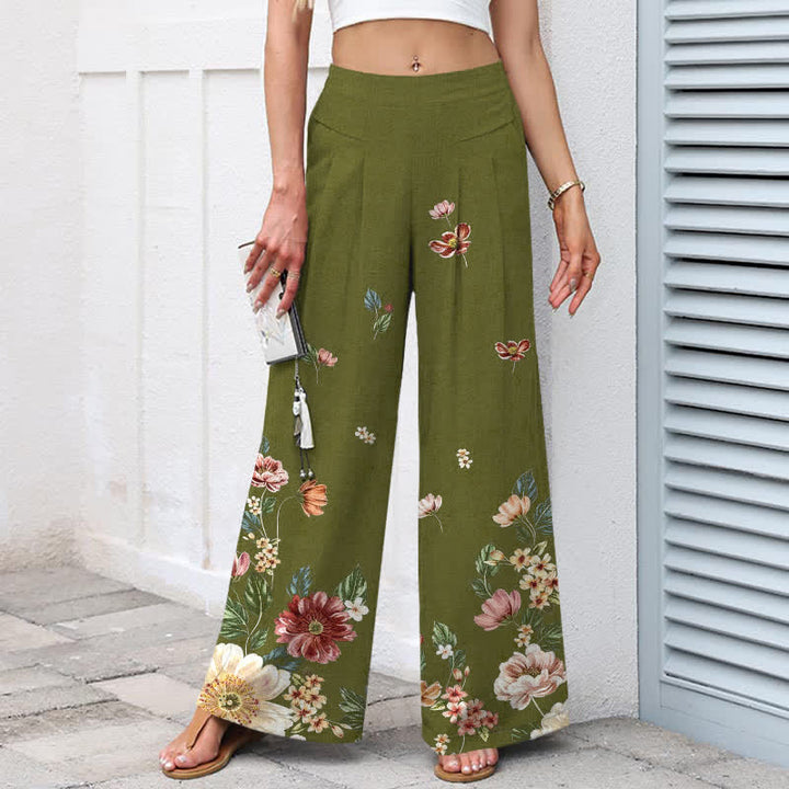 Buddha Stones Cotton Linen Bohemian Floral Pattern Women's Elastic Waist Wide Leg Pants With Pockets - image 5
