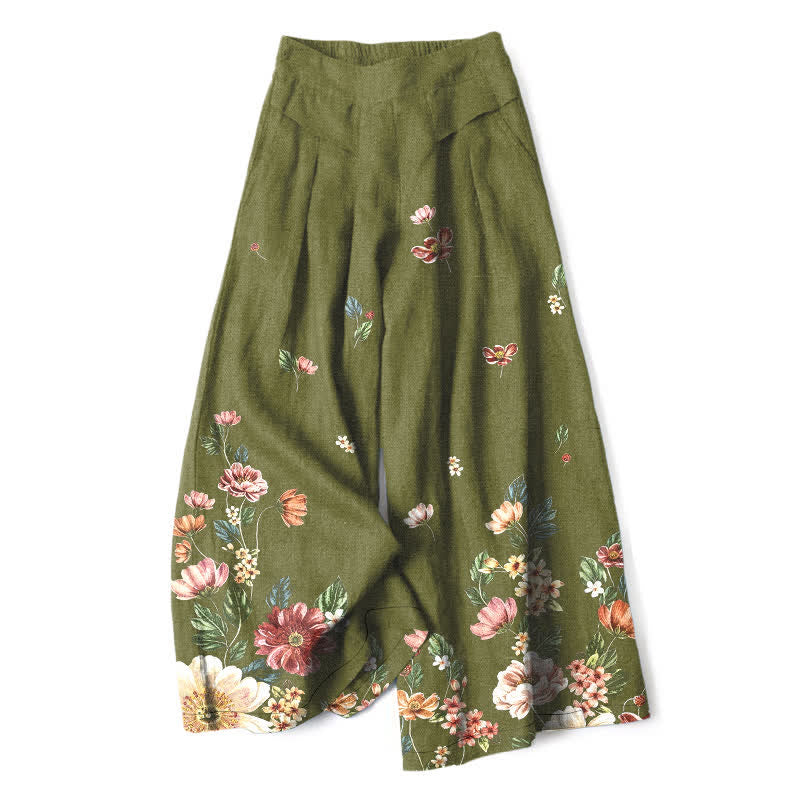 Buddha Stones Cotton Linen Bohemian Floral Pattern Women's Elastic Waist Wide Leg Pants With Pockets - OliveDrab - US16，UK/AU20，EU48 (3XL) - image 4