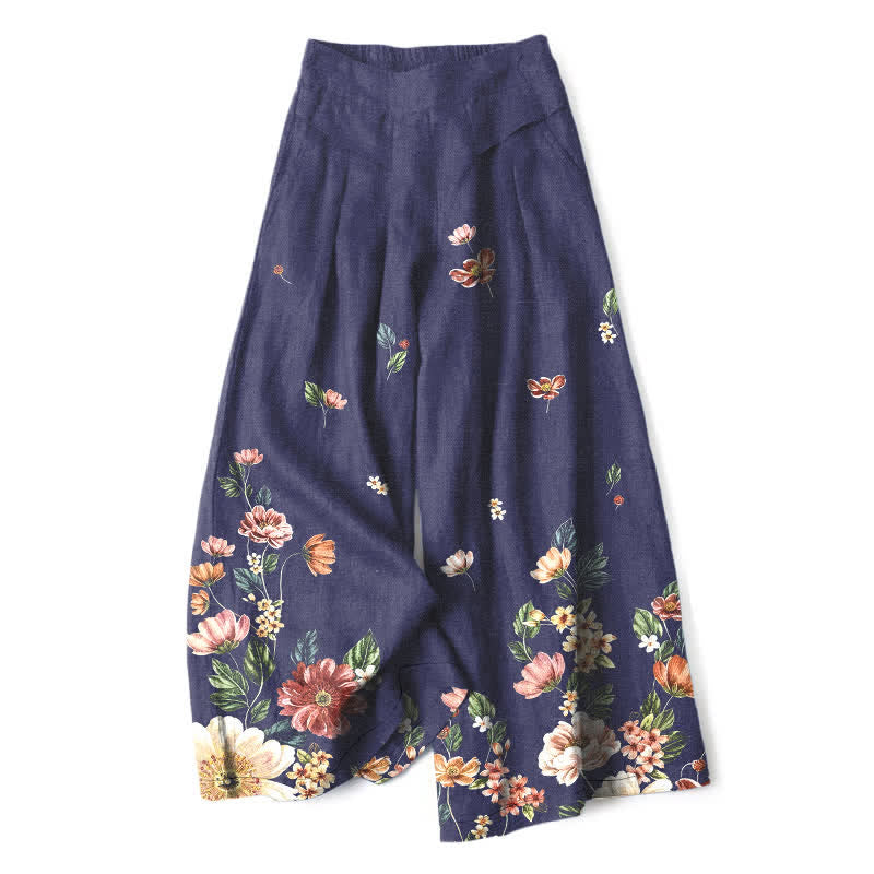 Buddha Stones Cotton Linen Bohemian Floral Pattern Women's Elastic Waist Wide Leg Pants With Pockets - Navy - US16，UK/AU20，EU48 (3XL) - image 8